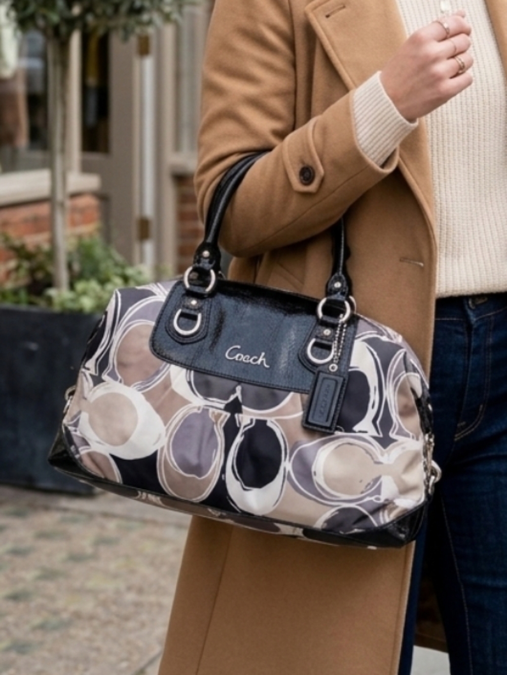 COACH Poppy Pop C Graffiti Appliqué Satchel Handbag - Black & Khaki